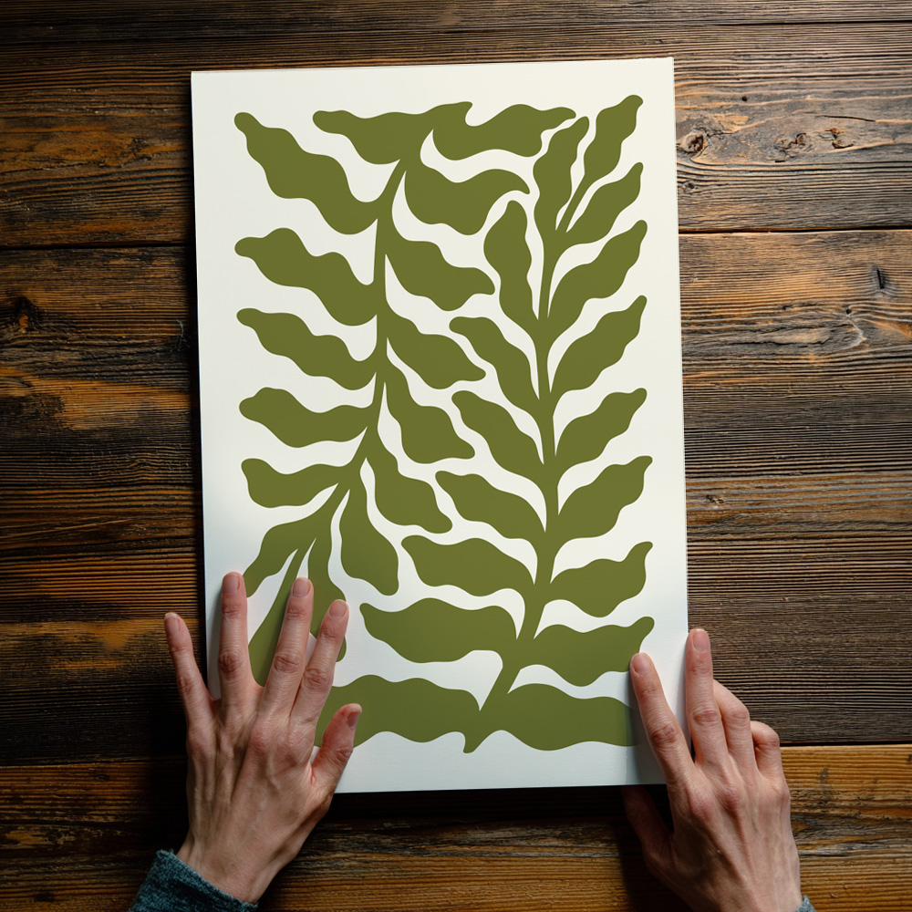 seaweed graphic print on a wooden table